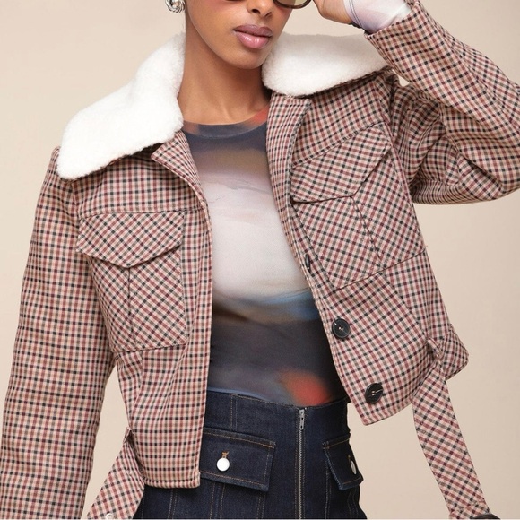 Brand New - AVEC LES FILLES Faux Shearling Collared Plaid Aviator Jacket 🤎✨ - Picture 16 of 16